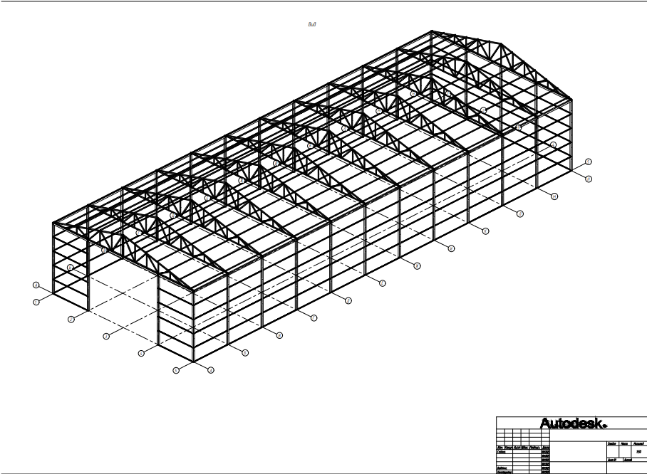 Чертёж металлокаркаса ангара 12×33 м — изометрия